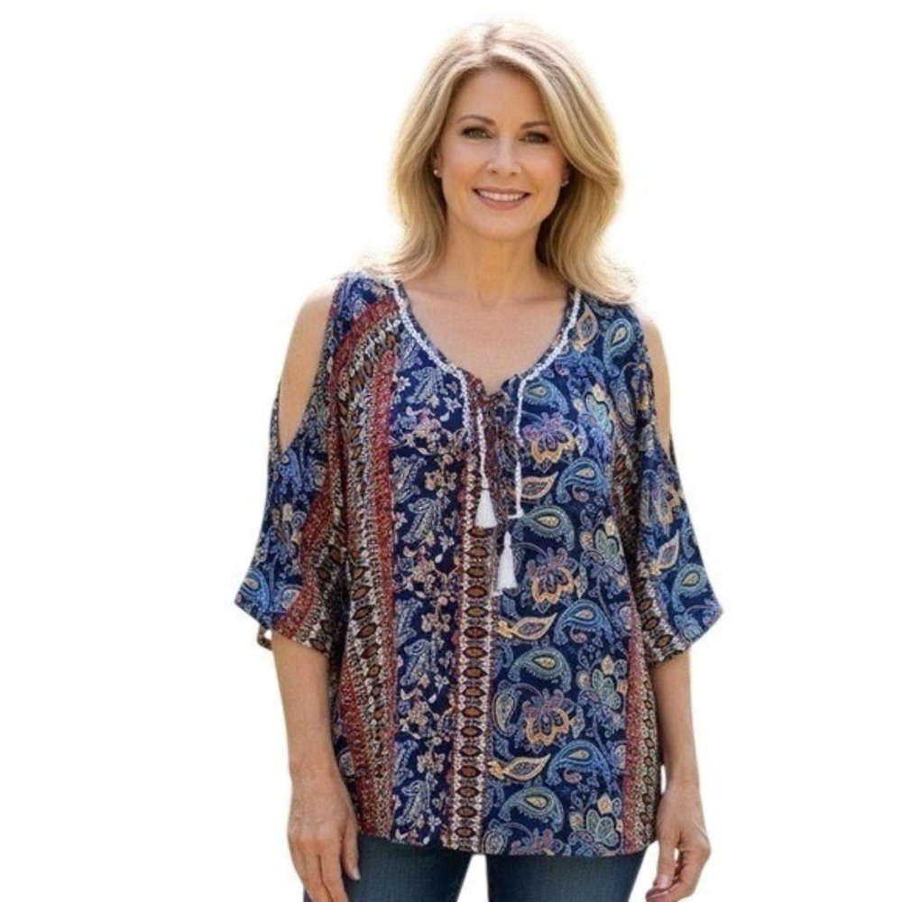 Corvia Bohemian Cold Shoulder Paisley Blouse   V-Neck Printed Rayon Top Size M